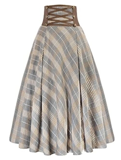 Women Gothic Punk Plaid Midi Skirts High Waist A-Line Long Skirt