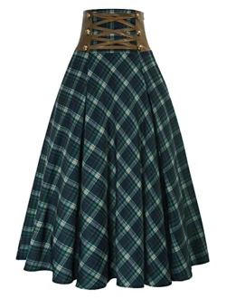 Women Gothic Punk Plaid Midi Skirts High Waist A-Line Long Skirt