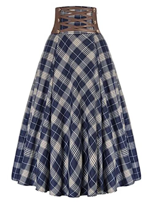 Scarlet Darkness Women Gothic Punk Plaid Midi Skirts High Waist A-Line Long Skirt