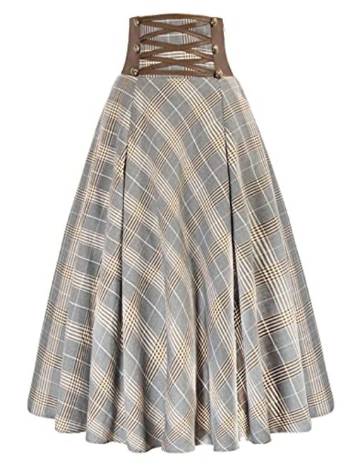 Scarlet Darkness Women Gothic Punk Plaid Midi Skirts High Waist A-Line Long Skirt