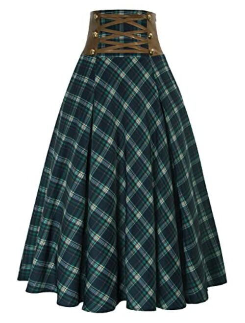 Scarlet Darkness Women Gothic Punk Plaid Midi Skirts High Waist A-Line Long Skirt