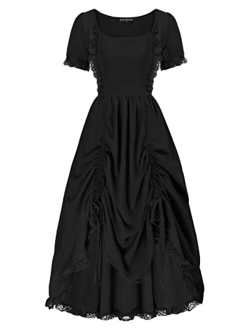 Women Victorian Renaissance Dress Ruffle High Low Dress with Drawstring S-2XL