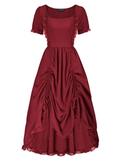 Women Victorian Renaissance Dress Ruffle High Low Dress with Drawstring S-2XL