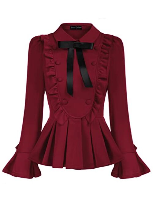 Scarlet Darkness Women's Victorian Puff Sleeve Shirt Lapel Collar Peplum Hem Blouse