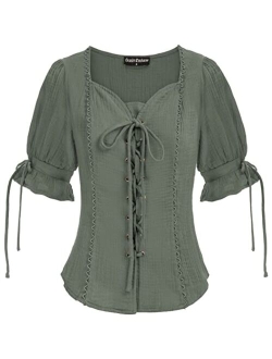 Renaissance Shirts for Women Summer Plus Size Lace-up Tops Tee