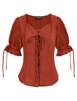 Renaissance Shirts for Women Summer Plus Size Lace-up Tops Tee