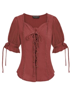 Renaissance Shirts for Women Summer Plus Size Lace-up Tops Tee