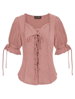 Renaissance Shirts for Women Summer Plus Size Lace-up Tops Tee