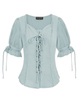 Renaissance Shirts for Women Summer Plus Size Lace-up Tops Tee