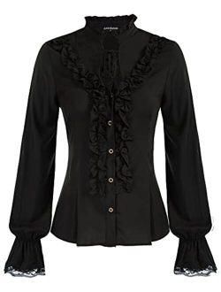 Women Victorian Ruffle Blouse Tops Stand Collar Long Sleeves Shirt