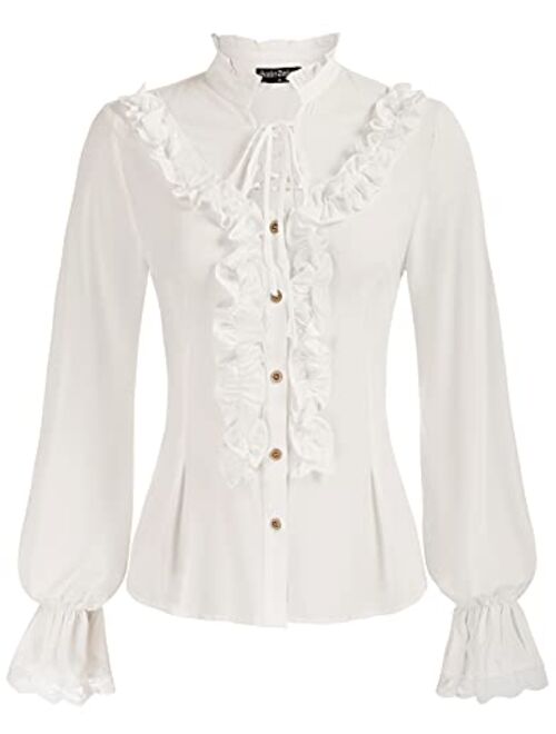 Scarlet Darkness Women Victorian Ruffle Blouse Tops Stand Collar Long Sleeves Shirt