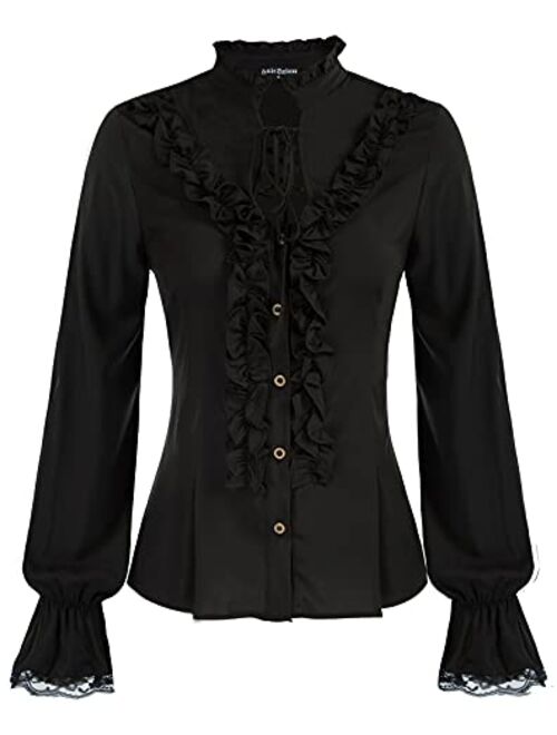 Scarlet Darkness Women Victorian Ruffle Blouse Tops Stand Collar Long Sleeves Shirt