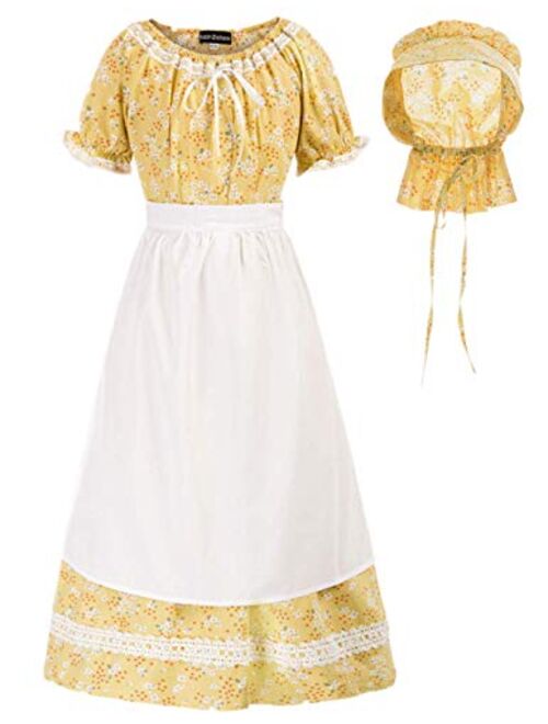 Scarlet Darkness Pioneer Costume Floral Colonial Dresses for 6-15 Year-old Girls