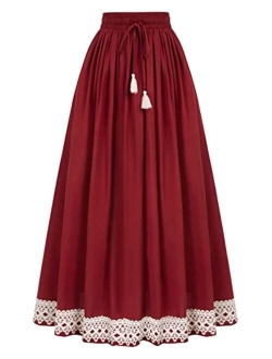 Long Maxi Skirts for Women Elastic High Waist Drawstring Renaissance Skirt with Pockets