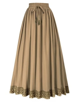 Long Maxi Skirts for Women Elastic High Waist Drawstring Renaissance Skirt with Pockets