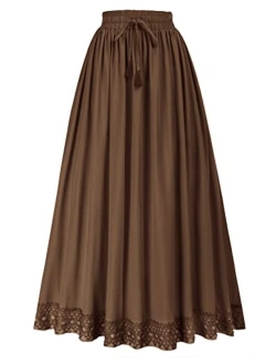 Long Maxi Skirts for Women Elastic High Waist Drawstring Renaissance Skirt with Pockets