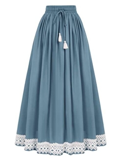 Long Maxi Skirts for Women Elastic High Waist Drawstring Renaissance Skirt with Pockets