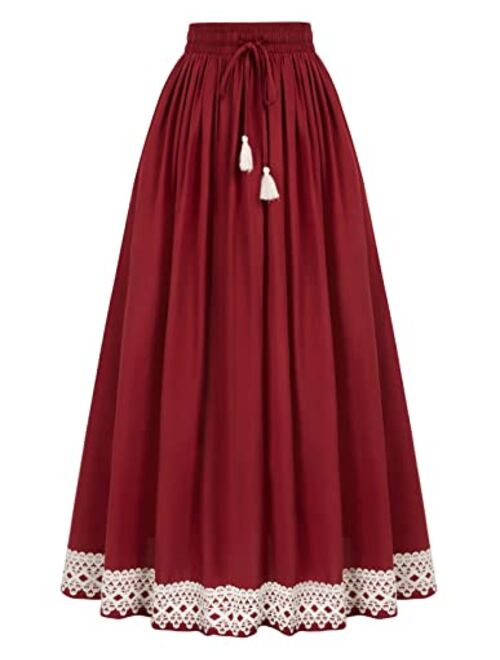 Scarlet Darkness Long Maxi Skirts for Women Elastic High Waist Drawstring Renaissance Skirt with Pockets