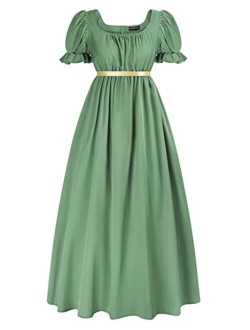 Regency Dresses for Women with Sash Empire Waist Ruffled Puff Sleeve Long Dress