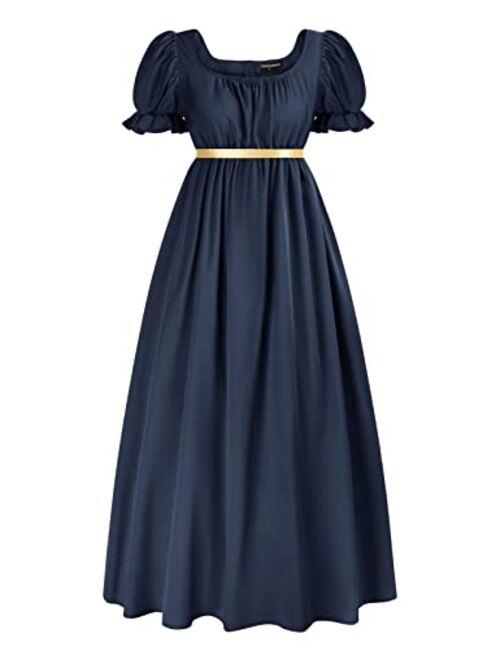 Scarlet Darkness Regency Dresses for Women with Sash Empire Waist Ruffled Puff Sleeve Long Dress