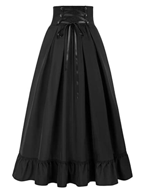 Scarlet Darkness Women Long Skirt Vintage High Waist Victorian Maxi Skirt with Pockets