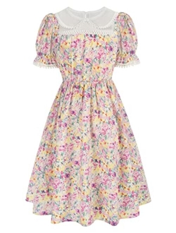 Girls Floral Puff Sleeve Dress Ruffle Trim A-Line Midi Dress for 6-12 Years Kids