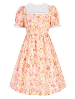 Girls Floral Puff Sleeve Dress Ruffle Trim A-Line Midi Dress for 6-12 Years Kids