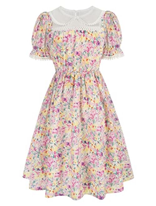 Scarlet Darkness Girls Floral Puff Sleeve Dress Ruffle Trim A-Line Midi Dress for 6-12 Years Kids