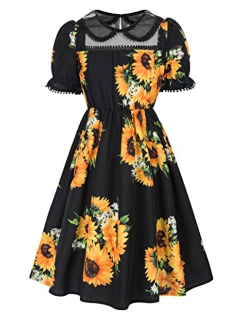 Scarlet Darkness Girls Floral Puff Sleeve Dress Ruffle Trim A-Line Midi Dress for 6-12 Years Kids