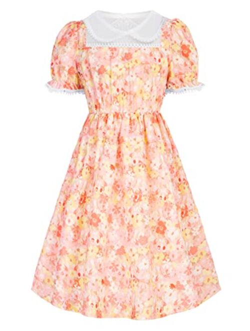 Scarlet Darkness Girls Floral Puff Sleeve Dress Ruffle Trim A-Line Midi Dress for 6-12 Years Kids