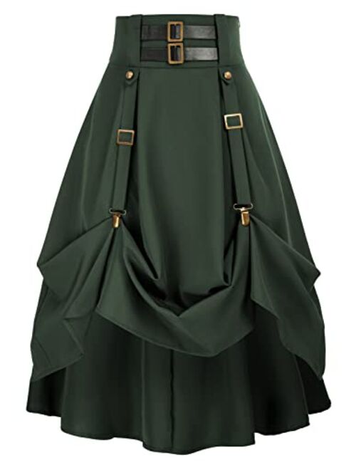 Scarlet Darkness Women Goth Steampunk Skirt High Waist Stretch Midi A-Line Skirt with Pockets S-2XL