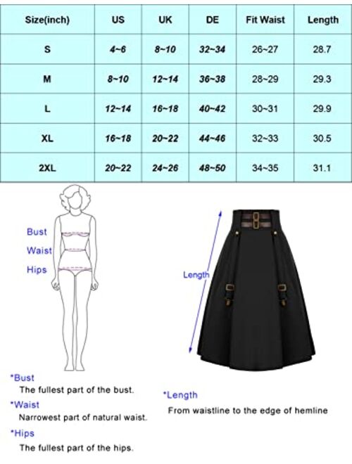 Scarlet Darkness Women Goth Steampunk Skirt High Waist Stretch Midi A-Line Skirt with Pockets S-2XL