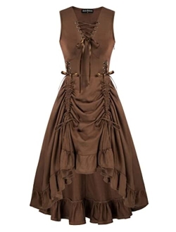 Women Steampunk Gothic Dress Lace Up Ruffled Sleeveless High Low Dress