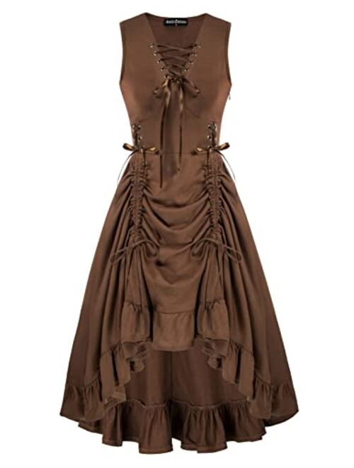 Scarlet Darkness Women Steampunk Gothic Dress Lace Up Ruffled Sleeveless High Low Dress