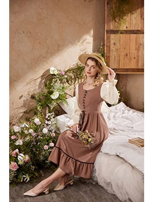 Scarlet Darkness Womens Midi Dress Long Sleeve Modest Dress Square Neck Peasant Renaissance Dress