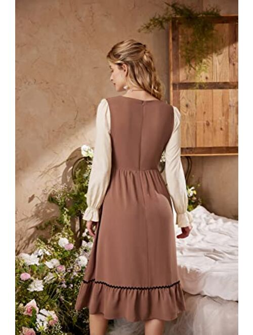 Scarlet Darkness Womens Midi Dress Long Sleeve Modest Dress Square Neck Peasant Renaissance Dress