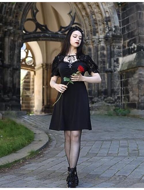 Scarlet Darkness Women Lace Gothic Dress Puff Sleeve Cocktail Party Skater Dress