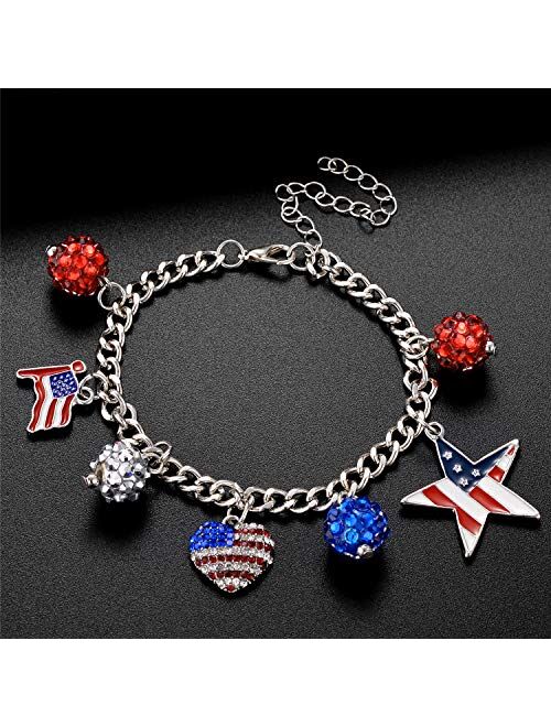 LUX ACCESSORIES Christmas Red Blue Heart Star American Flag Rhinestones Silver Chain Bracelet