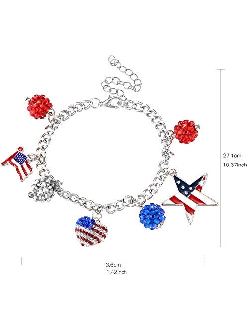 LUX ACCESSORIES Christmas Red Blue Heart Star American Flag Rhinestones Silver Chain Bracelet