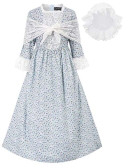 Kid Girls 3 Pieces Set Colonial Costume Dress with Bonnet Shawl