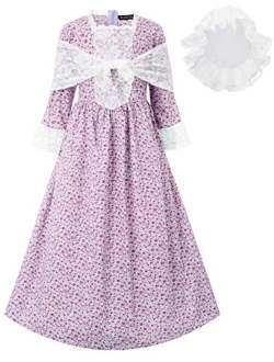 Kid Girls 3 Pieces Set Colonial Costume Dress with Bonnet Shawl