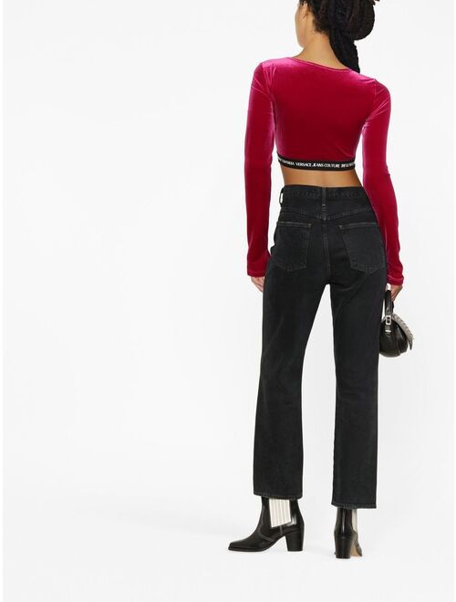 Versace Jeans Couture logo-waistband cropped velvet top