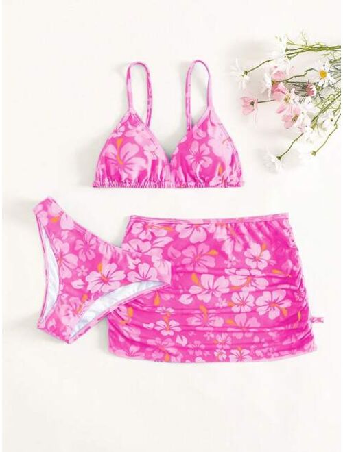 SHEIN Teen Girls 3pack Floral Print Bikini Swimsuit & Ruched Beach Skirt