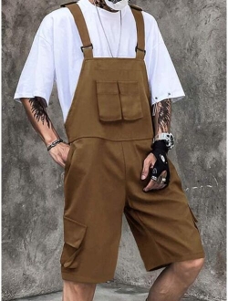 Men Flap Pocket Solid Overall Shorts Without Tee