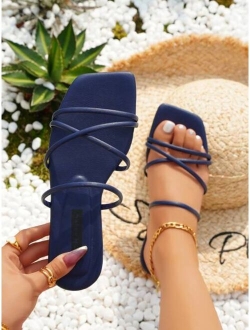 Planare Shoes Elegant Outdoors Black Flat Slippers for Women, Multi Thin Strap Plain Artificial Leather Open Toe Slide Sandals