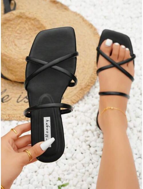 Planare Shoes Elegant Outdoors Black Flat Slippers for Women, Multi Thin Strap Plain Artificial Leather Open Toe Slide Sandals