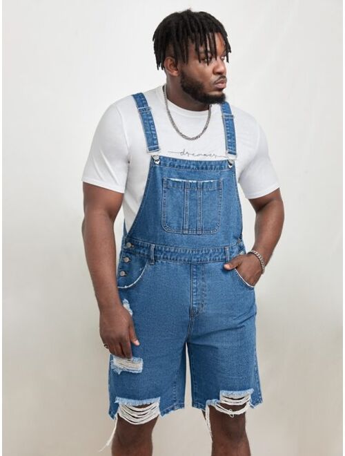 SHEIN Extended Sizes Men Ripped Raw Edge Patched Pocket Denim Overall Romper Without Tee