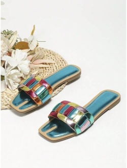 Shein Fashionable Slide Sandals For Women, Colorblock Metallic Single Band Flat Sandals