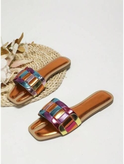 Shein Fashionable Slide Sandals For Women, Colorblock Metallic Single Band Flat Sandals