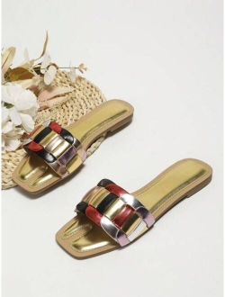 Shein Fashionable Slide Sandals For Women, Colorblock Metallic Single Band Flat Sandals